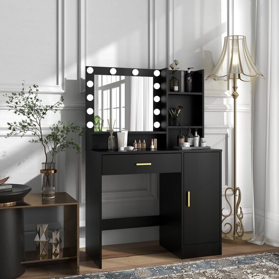 Schminktisch, Kosmetikspiegel mit Lichtern und Tischset mit 1 großen Schubladen, 1 Schrank & 4 Ablagen, Make-up-Schminktisch-Set, 3 Beleuchtungsmodi, Helligkeit, verstellbarer Schminktisch (schwarz)