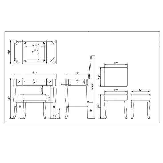 Linon Silver Vanity Set Harper Silber Schminkset, Polyurethan, 32" W x 18" D x 46.75" H