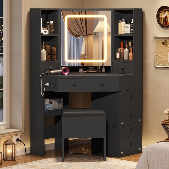 BTHFST Eck-Schminktisch mit beleuchtetem Spiegel, Schminktisch mit Lichtern und Ladestation, Schminktisch mit Spiegel und Aufbewahrungshocker, Schminktisch mit Schubladen, drehbare Regale, Schwarz