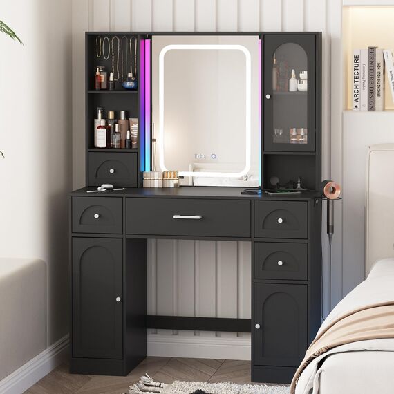Fameill Schwarzer Make-up-Schreibtisch mit Lichtern, Make-up-Schminktisch mit RGB-Lichtern und Steckdosenleiste, Schminktisch mit 5 Schubladen, viel Stauraum und Zeitanzeige, 3 Beleuchtungsmodi