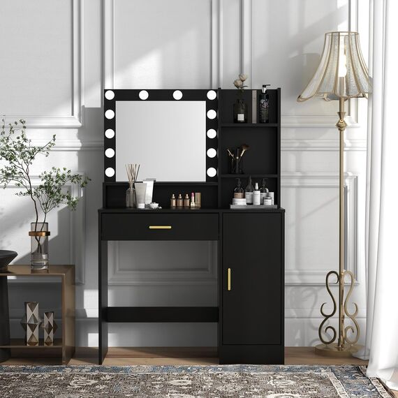 Schminktisch, Kosmetikspiegel mit Lichtern und Tischset mit 1 großen Schubladen, 1 Schrank & 4 Ablagen, Make-up-Schminktisch-Set, 3 Beleuchtungsmodi, Helligkeit, verstellbarer Schminktisch (schwarz)