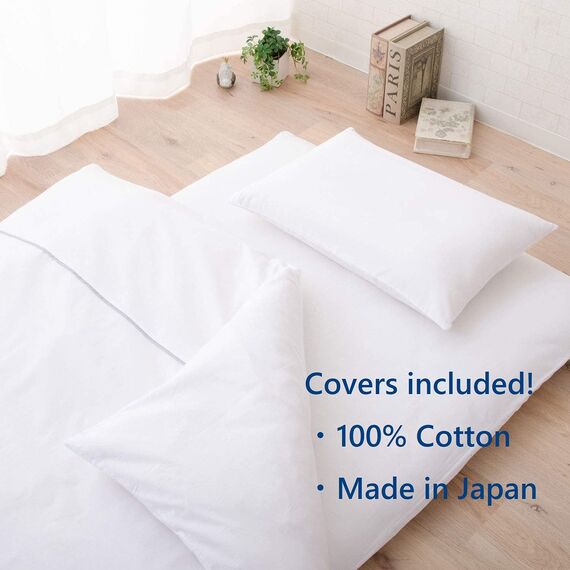 EMOOR 6-Teiliges Futon Set CLASSE(Matratze, Tröster, Kopfkissen, Bettdeckenbezug, Spannbetttuch und Kissenbezug), 140 x 200 cm, Weiß, Hergestellt in Japan