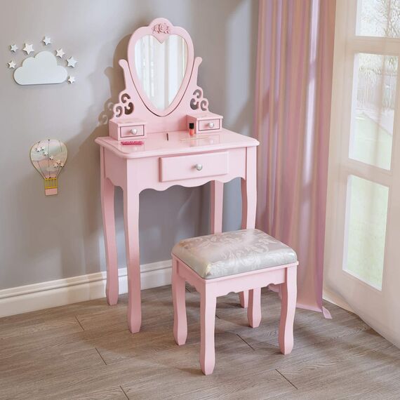 Schminktisch Kinder, Frisiertisch Mädchen mit Spiegel, Hocker und 3 Schubladen MDF Holz, Rosa, 50 x 30 x 104.5 cm
