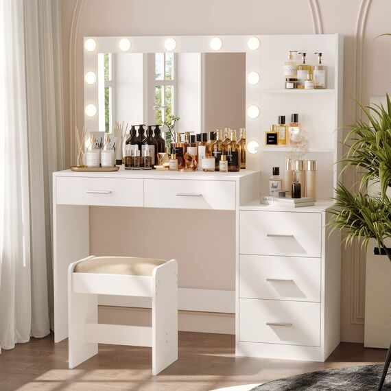 Rovaurx 118,6 cm W Make-up-Set mit Lichtern und Spiegel, Schminktisch mit 5 Schubladen, 3 Beleuchtungsfarben, Schminktisch für Schlafzimmer, Studio, Weiß RSZT106WD