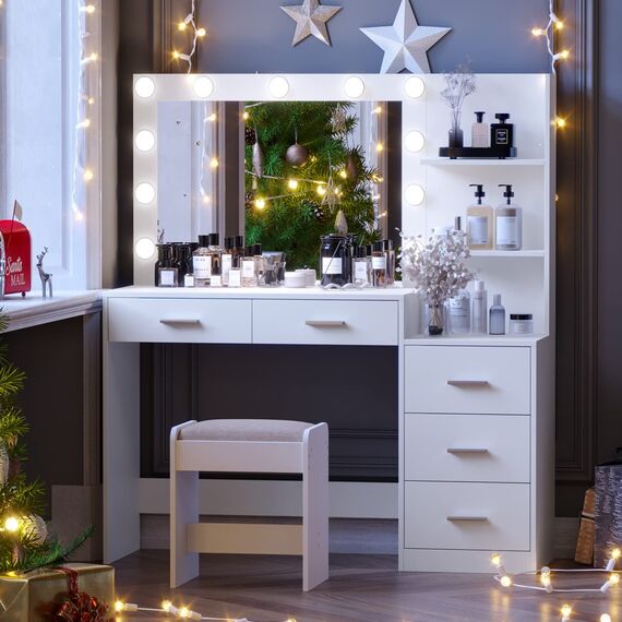 Rovaurx 118,6 cm W Make-up-Set mit Lichtern und Spiegel, Schminktisch mit 5 Schubladen, 3 Beleuchtungsfarben, Schminktisch für Schlafzimmer, Studio, Weiß RSZT106WD