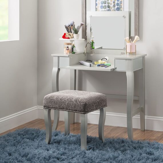 Linon Silver Vanity Set Harper Silber Schminkset, Polyurethan, 32" W x 18" D x 46.75" H