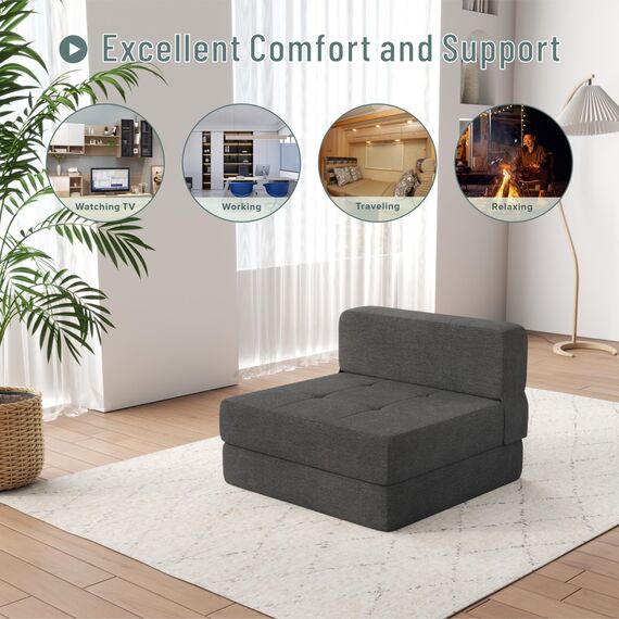ZeeFu Ausziehbares Schlafsofa, Couch, Memory-Schaum mit Kissen, Futonschläfer, Gästebett und ausklappbarer Couch, waschbarer Bezug, Doppelbettgröße, Grau/Braun