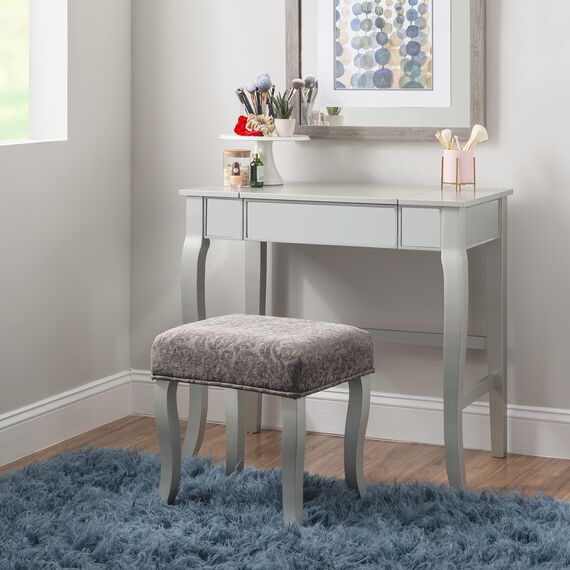 Linon Silver Vanity Set Harper Silber Schminkset, Polyurethan, 32" W x 18" D x 46.75" H