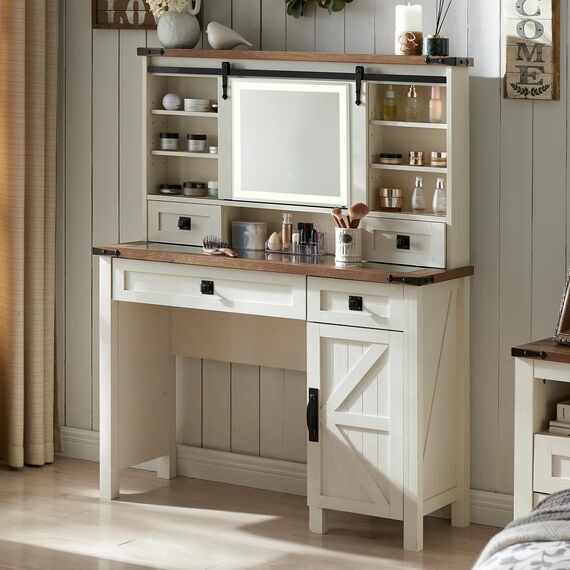 T4TREAM Farmhouse Make-up-Schminktisch mit Schiebespiegel und Lichtern, 106,7 cm Glas-Tischtisch mit 2 Schubladen und Regalen, rustikales großes Schminktisch-Set für Schlafzimmer, Hocker inklusive,