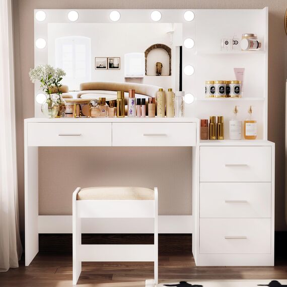 Rovaurx 118,6 cm W Make-up-Set mit Lichtern und Spiegel, Schminktisch mit 5 Schubladen, 3 Beleuchtungsfarben, Schminktisch für Schlafzimmer, Studio, Weiß RSZT106WD