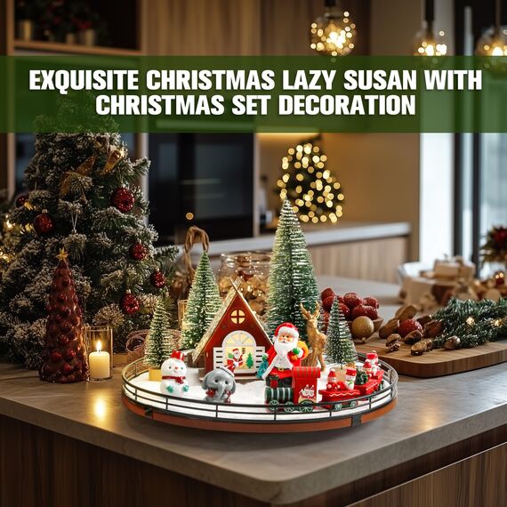 Weihnachtsdorf-Sets, 33 cm, Eichenholz, Lazy Susan für Tischdekoration, Tischdekoration für Tisch, Weihnachtsdekoration, Bäume, Schneemann, Elefant, Weihnachtsmann, Rentier, Zug für Festliche