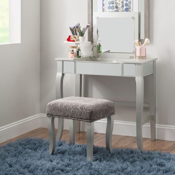 Linon Silver Vanity Set Harper Silber Schminkset, Polyurethan, 32" W x 18" D x 46.75" H