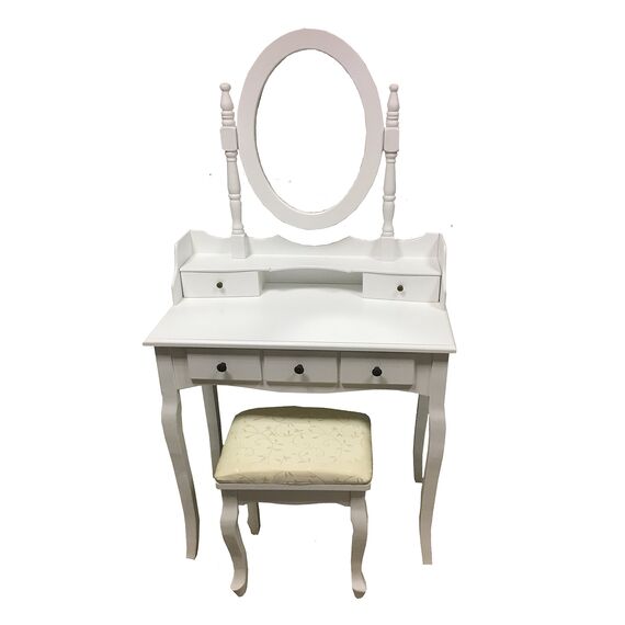 Schminktisch, Set mit Hocker und Spiegel, 5 Schublade, weiß, Frisiertisch, Make-up, Schlafzimmer, von Redstone