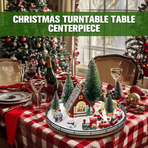 Weihnachtsdorf-Sets, 33 cm, Eichenholz, Lazy Susan für Tischdekoration, Tischdekoration für Tisch, Weihnachtsdekoration, Bäume, Schneemann, Elefant, Weihnachtsmann, Rentier, Zug für Festliche