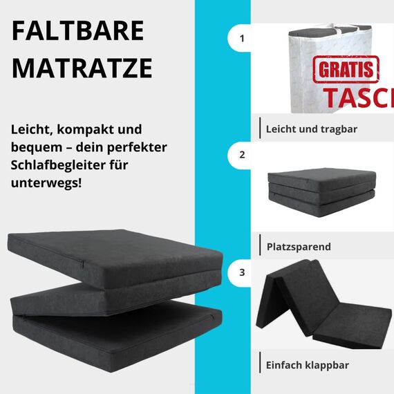 FORTISLINE Klappmatratze 195x80x9 cm, 3-teilige Faltmatratze, Gästematratze, Reisematratze und Campingmatratze, Schaumstoffmatratze mit abnehmbarem Bezug, Oeko-TEX, hergestellt in der EU