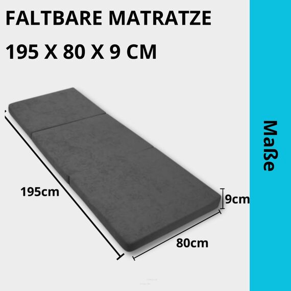 FORTISLINE Klappmatratze 195x80x9 cm, 3-teilige Faltmatratze, Gästematratze, Reisematratze und Campingmatratze, Schaumstoffmatratze mit abnehmbarem Bezug, Oeko-TEX, hergestellt in der EU