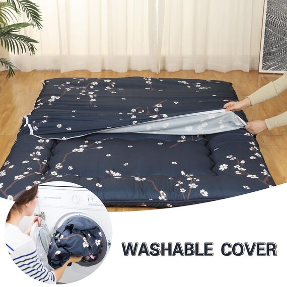 Leinuosen Japanische Bodenmatratze, marineblau, Blumendruck, Futon-Matratze, Queen-Size-Bett, Tatami-Matte, Couch, Isomatte, faltbar, aufrollbare Bettmatratze mit tragbarer Aufbewahrungstasche für