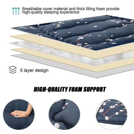 Leinuosen Japanische Bodenmatratze, marineblau, Blumendruck, Futon-Matratze, Queen-Size-Bett, Tatami-Matte, Couch, Isomatte, faltbar, aufrollbare Bettmatratze mit tragbarer Aufbewahrungstasche für