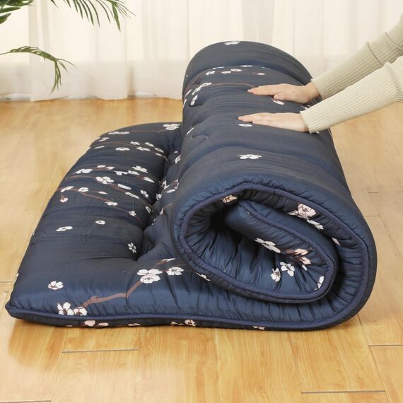 Leinuosen Japanische Bodenmatratze, marineblau, Blumendruck, Futon-Matratze, Queen-Size-Bett, Tatami-Matte, Couch, Isomatte, faltbar, aufrollbare Bettmatratze mit tragbarer Aufbewahrungstasche für