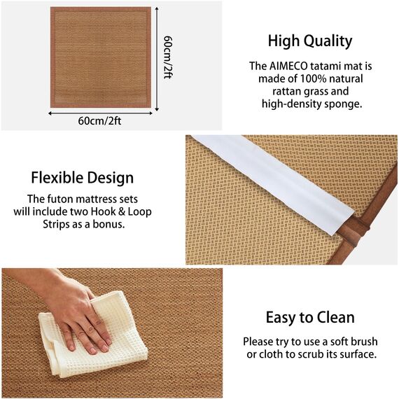 AIMECO Japanische Tatami-Matte, 3 Stück, 60 x 60 cm, natürliches Rattan, Futon-Bodenmatratze, Teppich, zum Schlafen, Meditation, Yoga, Braun