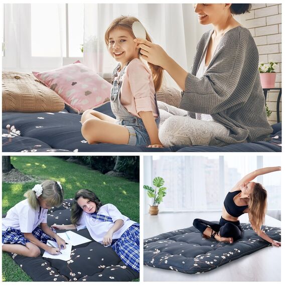 Leinuosen Japanische Bodenmatratze, marineblau, Blumendruck, Futon-Matratze, Queen-Size-Bett, Tatami-Matte, Couch, Isomatte, faltbar, aufrollbare Bettmatratze mit tragbarer Aufbewahrungstasche für