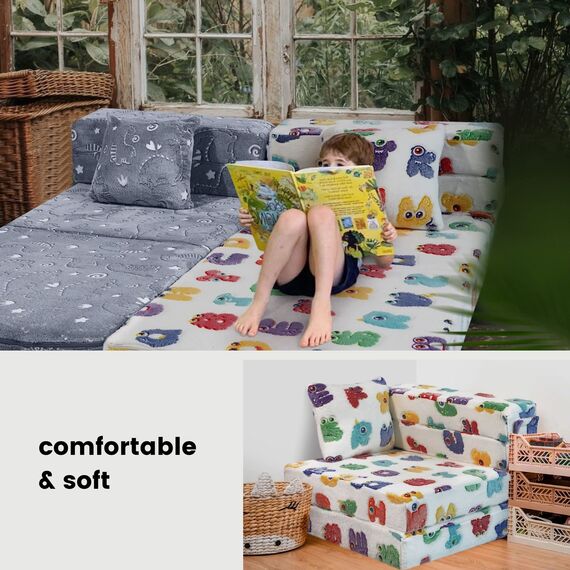 MeMoreCool Kinder-Bodenmatratze, leuchtet im Dunkeln, zusammenklappbar, Sofa, Couch, umwandelbar, Futon-Klappstuhl, Bettschläfer für Baby-Spielzimmer (leuchtendes Alphabet)