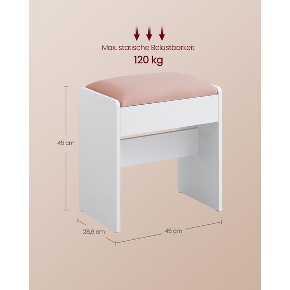 VASAGLE Kailyn Kollektion - Hocker Schminktisch, Sitzhocker gepolstert, Makeup-Hocker aus Samt, mit rutschfesten Fußpads, für Verschiedene Räume, mattweiß-pastellrosa RDS001W01