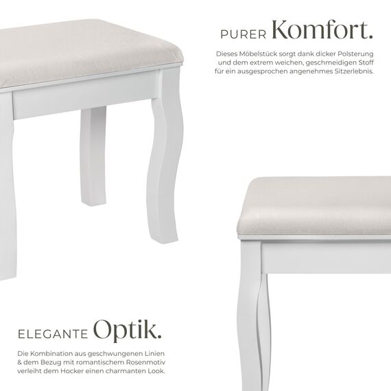 tectake® Schminkhocker, Schminktisch Stuhl, Hocker als Schminktisch Zubehör oder Klavierhocker, Schminkstuhl für Dressing Table, Vanity Table, Vintage Deko Aesthetic - 40x30x51cm, weiß