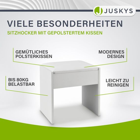 Juskys Schminktisch Hocker Melly, Sitzhocker aus Holz mit gepolstertem Kissen & Bezug aus Kunstleder, moderner Polsterhocker 40 x 30 x 43 cm in Weiß