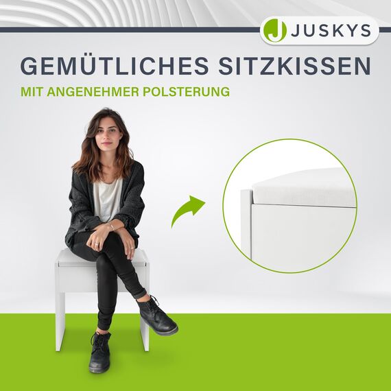 Juskys Schminktisch Hocker Melly, Sitzhocker aus Holz mit gepolstertem Kissen & Bezug aus Kunstleder, moderner Polsterhocker 40 x 30 x 43 cm in Weiß