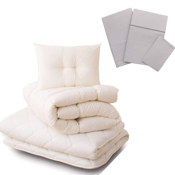 EMOOR 6-Teiliges Futon Set CLASSE(Matratze, Tröster, Kopfkissen, Bettdeckenbezug, Spannbetttuch und Kissenbezug), 140 x 200 cm, Grau, Hergestellt in Japan, Fest, Baumwolle und Polyester