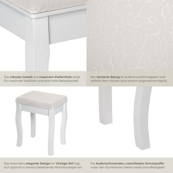 tectake® Schminkhocker, Schminktisch Stuhl, Hocker als Schminktisch Zubehör oder Klavierhocker, Schminkstuhl für Dressing Table, Vanity Table, Vintage Deko Aesthetic - 40x30x51cm, weiß