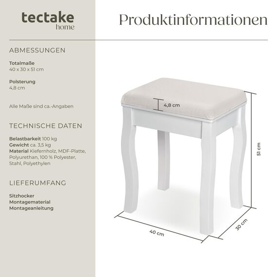 tectake® Schminkhocker, Schminktisch Stuhl, Hocker als Schminktisch Zubehör oder Klavierhocker, Schminkstuhl für Dressing Table, Vanity Table, Vintage Deko Aesthetic - 40x30x51cm, weiß