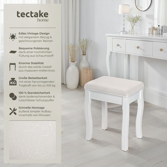 tectake® Schminkhocker, Schminktisch Stuhl, Hocker als Schminktisch Zubehör oder Klavierhocker, Schminkstuhl für Dressing Table, Vanity Table, Vintage Deko Aesthetic - 40x30x51cm, weiß