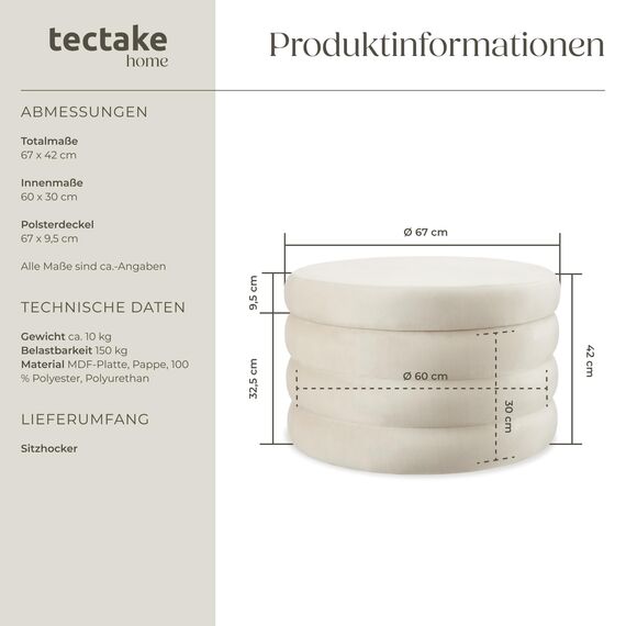 tectake® Hocker mit Stauraum, XL Scandi Sitzhocker Samt Stoff, Pouf, Polsterhocker rund für Schminktisch, Wohnzimmer Möbel, als Flur Möbel, Stauhocker Wohnen, Ø 67 x 42 cm - Samtoptik Creme-weiß