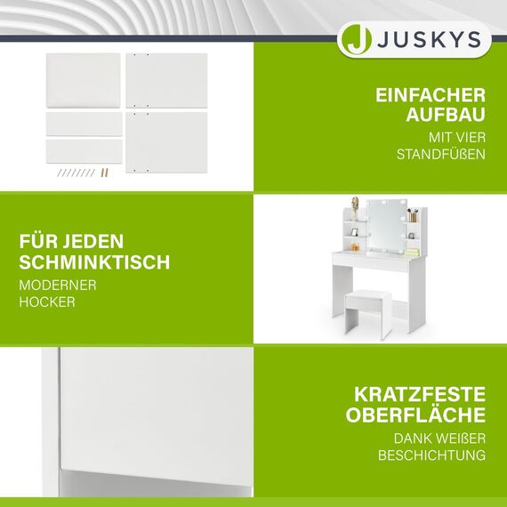 Juskys Schminktisch Hocker Melly, Sitzhocker aus Holz mit gepolstertem Kissen & Bezug aus Kunstleder, moderner Polsterhocker 40 x 30 x 43 cm in Weiß