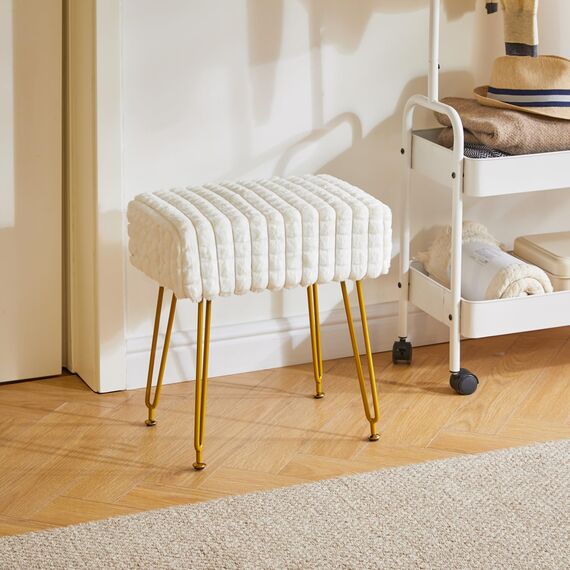 IBUYKE rechteckiger Fußstützenstuhl Ottoman, Make-up Eitelkeits Hocker Beistelltisch, Samt Ankleidetisch Sitz, Fußhocker Stuhl, goldene Stahlbeine, für Make-up Raum, Schlafzimmer, weiß WBD003W