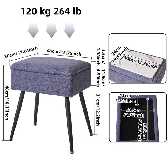 Aibiju Hocker mit Stauraum, Fußhocker, Ottomane, klein, Fußstütze für Couch und Stuhl mit Stauraum, 40 x 30 x 46 cm, blauer Ottomane, Teddy-Samt für Schminktisch, Beistelltisch im Wohnzimmer, Blaugrau