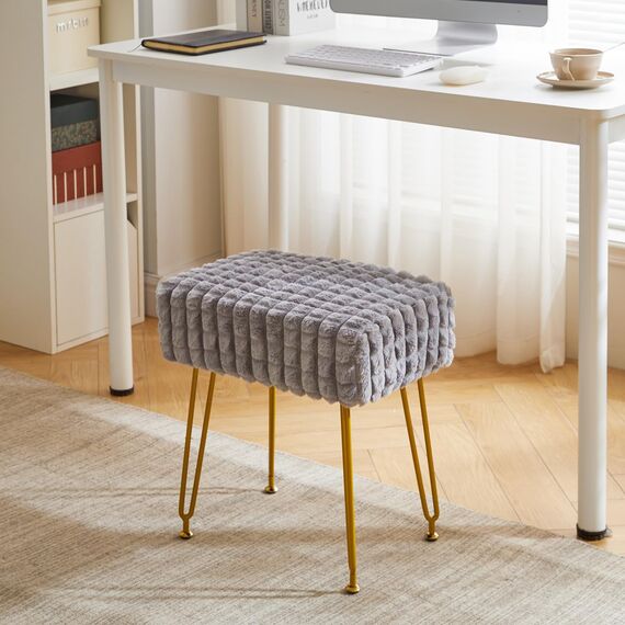 IBUYKE rechteckiger Fußstützenstuhl Ottoman, Make-up Eitelkeits Hocker Beistelltisch, Samt Ankleidetisch Sitz, Fußhocker Stuhl, goldene Stahlbeine, für Make-up Raum, Schlafzimmer, Grau WBD003G