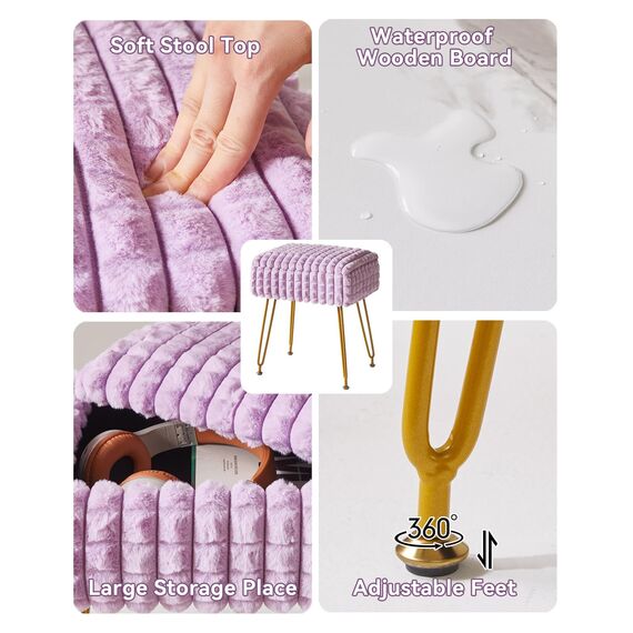IBUYKE Rechteck Eitelkeit Stuhl mit Stauraum, Fußstütze Fußhocker Ottoman, Eitelkeit Hocker, Schminktisch Stuhl, mit Anti-Rutsch Füßen, für Make-up Raum, Schlafzimmer, Lila WBD004V