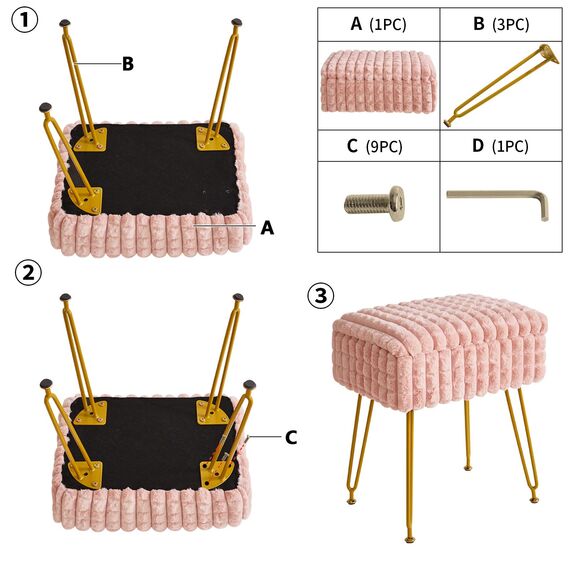 IBUYKE Rechteck Eitelkeit Stuhl mit Stauraum, Fußstütze Fußhocker Ottoman, Eitelkeit Hocker, Schminktisch Stuhl, mit Anti-Rutsch Füßen, für Make-up Raum, Schlafzimmer, Rosa WBD004P