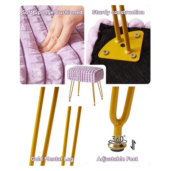 IBUYKE rechteckiger Fußstützenstuhl Ottoman, Make-up Eitelkeits Hocker Beistelltisch, Samt Ankleidetisch Sitz, Fußhocker Stuhl, goldene Stahlbeine, für Make-up Raum, Schlafzimmer, Lila WBD003V