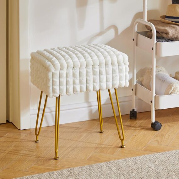 IBUYKE Rechteck Eitelkeit Stuhl mit Stauraum, Fußstütze Fußhocker Ottoman, Eitelkeit Hocker, Schminktisch Stuhl, mit Anti-Rutsch Füßen, für Make-up Raum, Schlafzimmer, weiß WBD004W