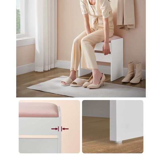 VASAGLE Kailyn Kollektion - Hocker Schminktisch, Sitzhocker gepolstert, Makeup-Hocker aus Samt, mit rutschfesten Fußpads, für Verschiedene Räume, mattweiß-pastellrosa RDS001W01