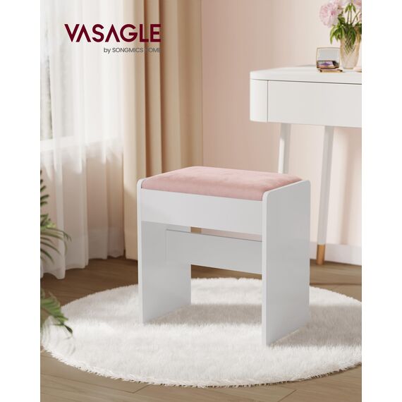 VASAGLE Kailyn Kollektion - Hocker Schminktisch, Sitzhocker gepolstert, Makeup-Hocker aus Samt, mit rutschfesten Fußpads, für Verschiedene Räume, mattweiß-pastellrosa RDS001W01