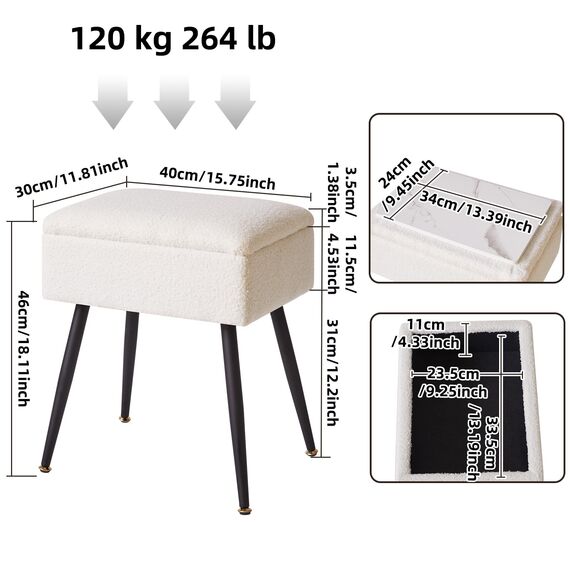 Aibiju Teddyfellimitat Hocker mit Stauraum, Rechteckiger Fußstützenstuhl Ottoman,Schminktischsitz, Kleiner Beistelltisch für Schminkzimmer, Schlafzimmer, Weiß YD-SMS137W