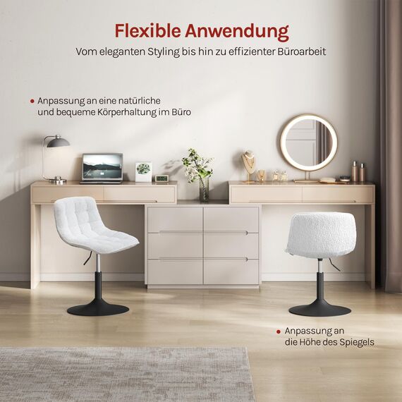 WOLTU Schminktisch Stuhl Hocker für Schminktisch, Schlafzimmer & Esszimmer - Höhenverstellbar, 360° Drehbar mit Rückenlehne, aus Bequemer Chenille, Weiß