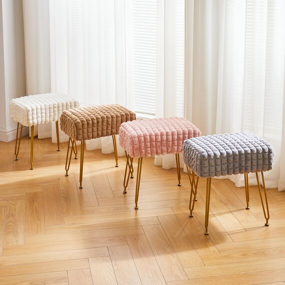IBUYKE rechteckiger Fußstützenstuhl Ottoman, Make-up Eitelkeits Hocker Beistelltisch, Samt Ankleidetisch Sitz, Fußhocker Stuhl, goldene Stahlbeine, für Make-up Raum, Schlafzimmer, weiß WBD003W