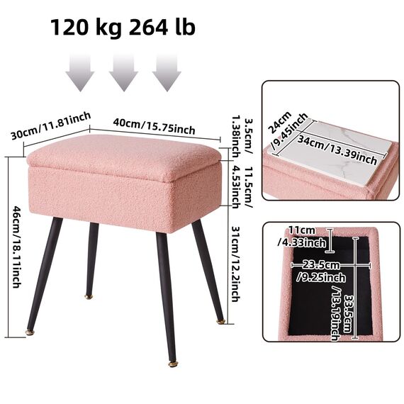 Aibiju Schminktisch-Stuhl mit Stauraum, Rechteckiger Fußhocker aus Kunst-Teddyfell mit Metallbeinen, Make-up-Schminkhocker, Beistelltisch für Make-up-Raum, Schlafzimmer, Pink YD-SMS137P