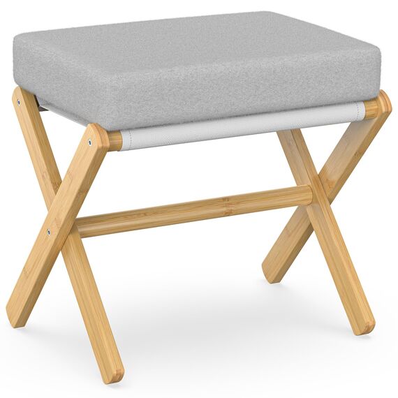 BAMBOOHOMIE Makeup Eitelkeit Hocker, Faltbarer Fußhocker mit Bambus X Beinen, Ottoman Fußstütze Stuhl für Vanity, Moderne Fußhocker klein gepolstert für Wohnzimmer (Natürlich - Grau)